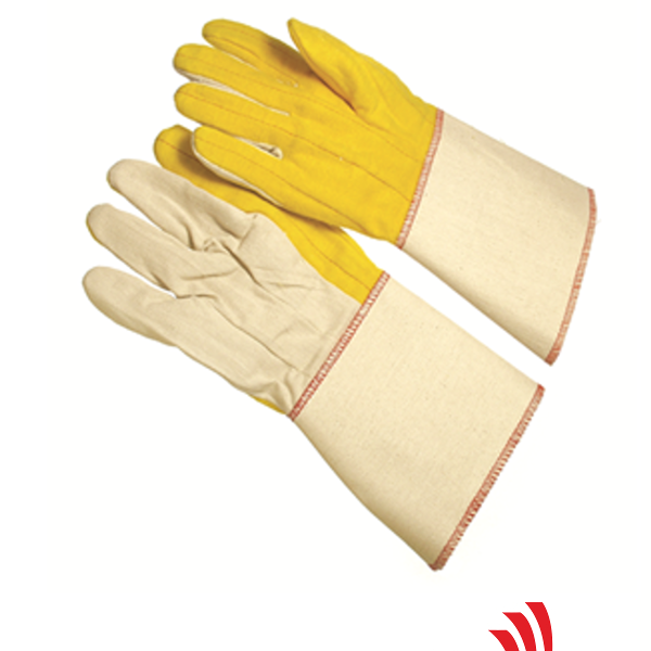 3 finger canvas back, 4.5” plasticized gauntlet