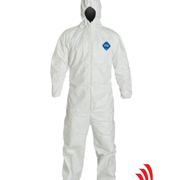 Coverall, zipper, attached hood, elastic wrists and ankles.