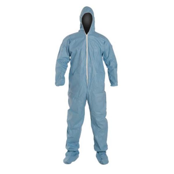 Coverall, serged seams, hood, zipper, elastic wrists and ankles. Size 2XL.